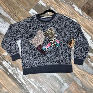 Handmade Upcycled Repurposed Rework Leopard Denim Sweatshirt Gypsy Hippie ooak L